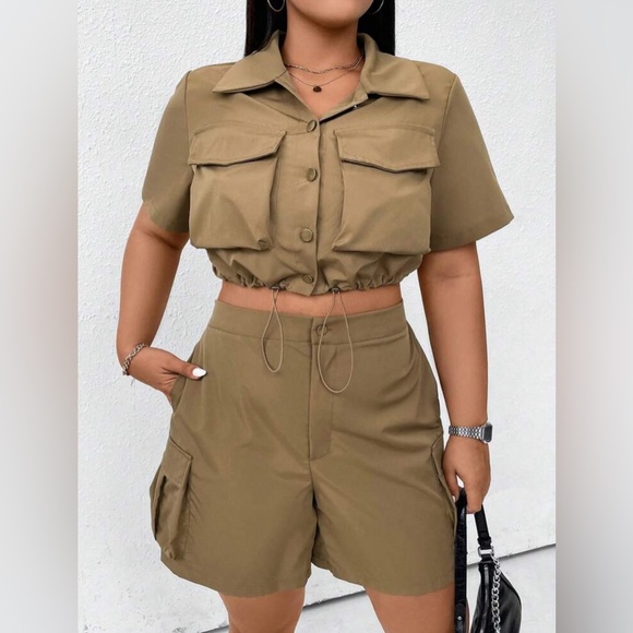 Flirla Plus Flap Pocket Drawstring Hem Crop Shirt & Shorts - Picture 1 of 7